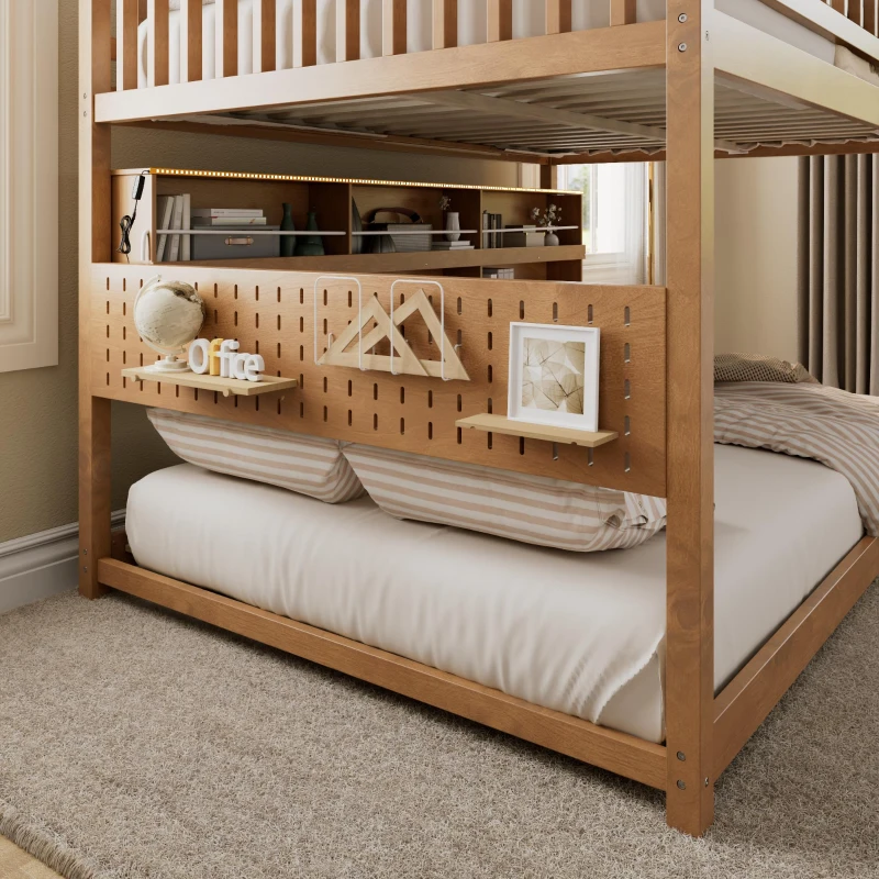 Full Over Full Bunk Bed with Convenient Storage Headboard, Unique Bed Frame with Multi-Color Light Strip, 79" L x 57.5" W x 57" H, Brown