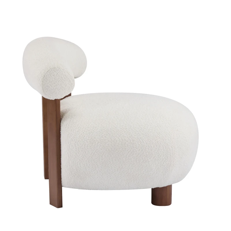 Modern Bouclé Fabric Accent Chair with Curved Backrest, Cozy Lounge Seating with Solid Birch Wood Frame, 29'' L x 31'' W x 29'' H, Off White+Walnut