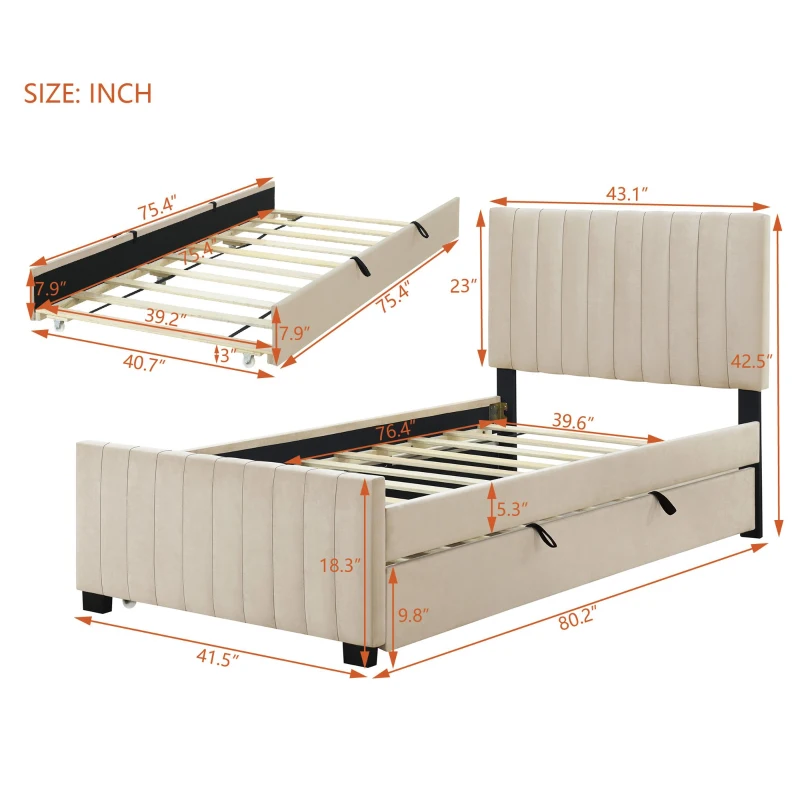 Space-Saving Twin Size Upholstered Platform Bed with Trundle Under Bed, Bed Frame with Velvet Fabric, 80" L x 41.5" W x 42.5" H, Beige