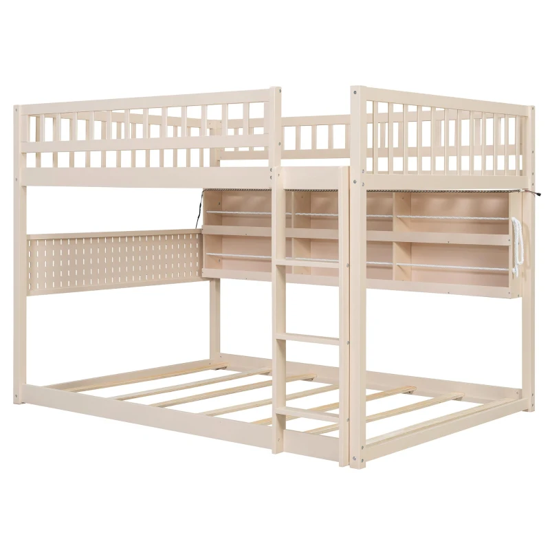 Full Over Full Bunk Bed with Convenient Storage Headboard, Unique Bed Frame with Multi-Color Light Strip, 79" L x 57.5" W x 57" H, Beige