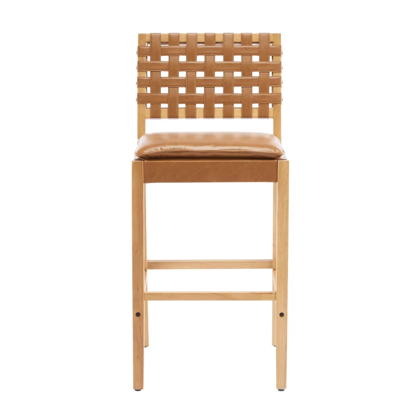 Modern Bar Stools with Hand‑Woven PU Back, Strap-Back Bar Chairs with Padded PU Seat, 18'' L x 21.5'' W x 40.5'' H, Brown+Natural
