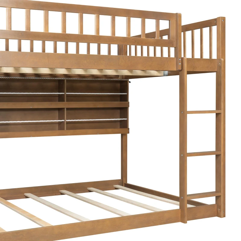 Full Over Full Bunk Bed with Convenient Storage Headboard, Unique Bed Frame with Multi-Color Light Strip, 79" L x 57.5" W x 57" H, Brown