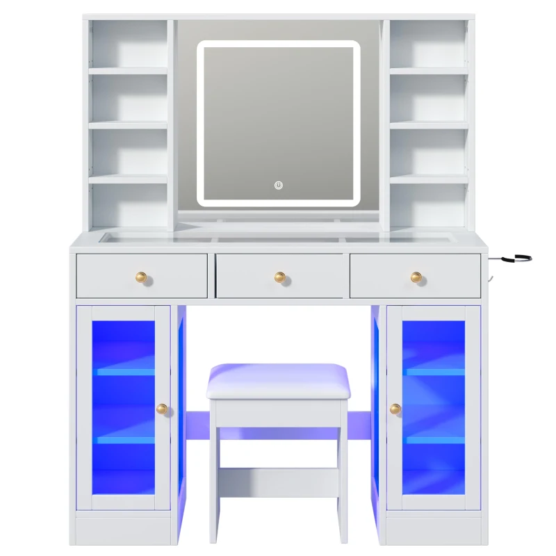 Aesthetic Makeup Vanity Desk with LED Mirror and Adjustable RGB Lights, Spacious Makeup Vanity with 6 Drawers, 44.5" L x 15.5" W x 55" H, White