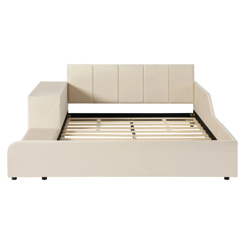Full Size Upholstered Platform Bed with Bedside Desk and Round Stool, Cozy Bed Frame with Streamlined Structure, 79.5" L x 68" W x 28" H, Beige