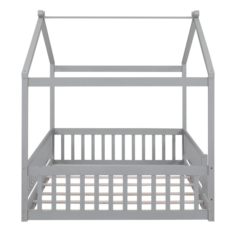 Full Size Wood House Bed with Roof and Fence, Sturdy Pinewood Bed Frame for Kids and Teens, 79.5" L x 57" W x 63" H, Gray