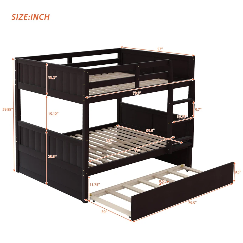 Full-Over-Full Bunk Bed with Pullout Trundle, Space-Saving Bed Frame with 2 Separate Beds, 79.5" L x 57" W x 60" H, Espresso