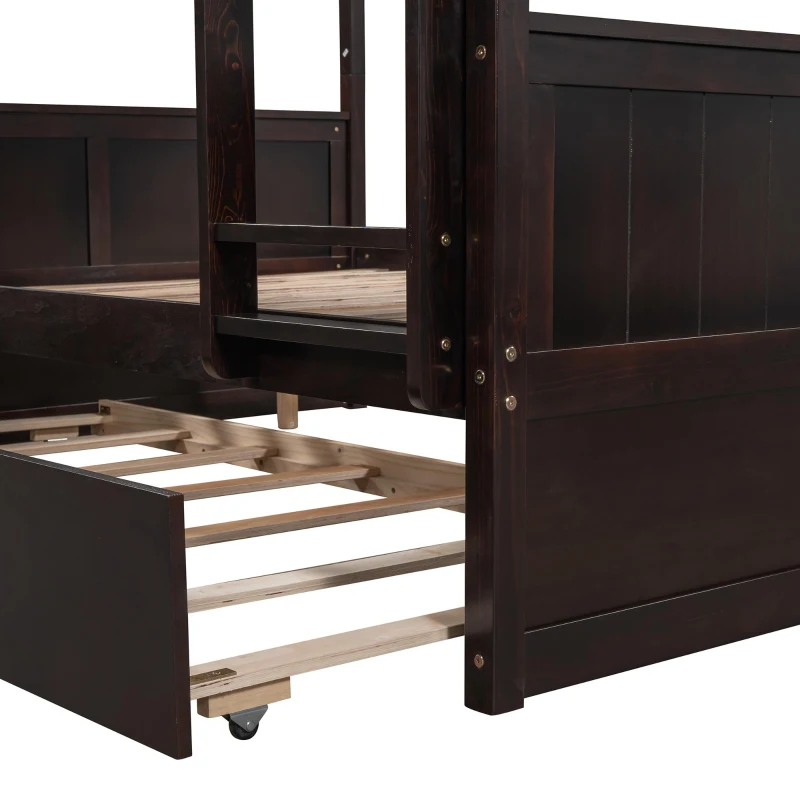 Full-Over-Full Bunk Bed with Pullout Trundle, Space-Saving Bed Frame with 2 Separate Beds, 79.5" L x 57" W x 60" H, Espresso