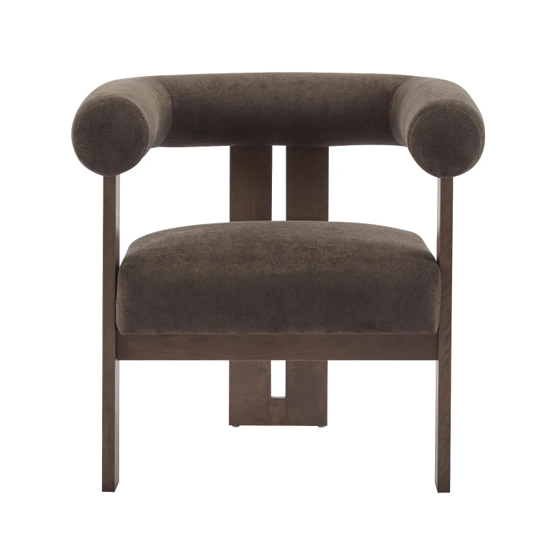 Round Arm Accent Chair with Velvet Upholstery, Curved Backrest Armchair with Solid Birch Wood Base, 31'' L x 29'' W x 30'' H, Dark Brown+Walnut