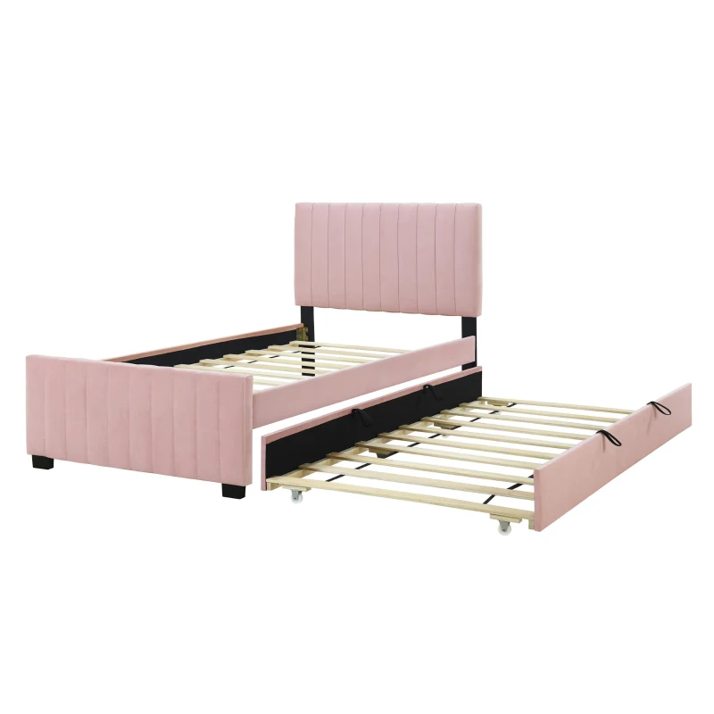 Space-Saving Twin Size Upholstered Platform Bed with Trundle Under Bed, Cozy Bed Frame with Velvet Fabric, 80" L x 41.5" W x 42.5" H, Pink