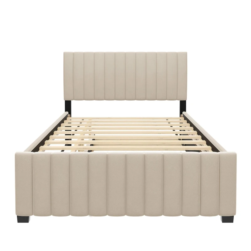 Space-Saving Full Size Upholstered Platform Bed with Twin-Size Trundle, Solid Bed Frame with 10 Reinforced Slats, 80" L x 58" W x 46" H, Beige