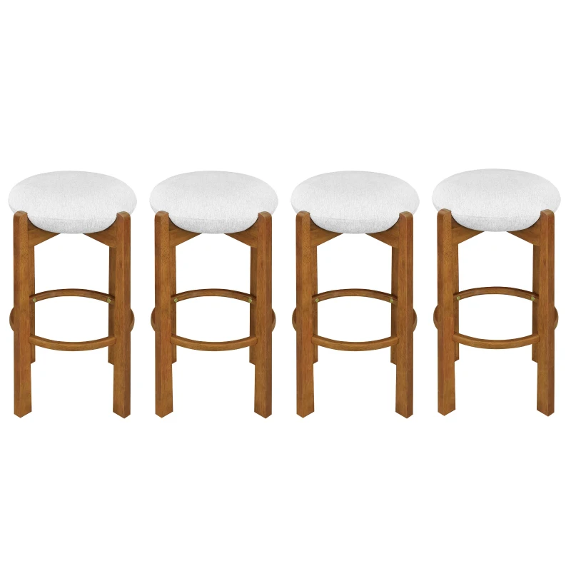 Indoor Round Seat Bar Stools with Solid Wood Frame, Rubberwood Bar Chairs with Padded Upholstered Seat, 19.5'' L x 19.5'' W x 30'' H, Ivory+Walnut