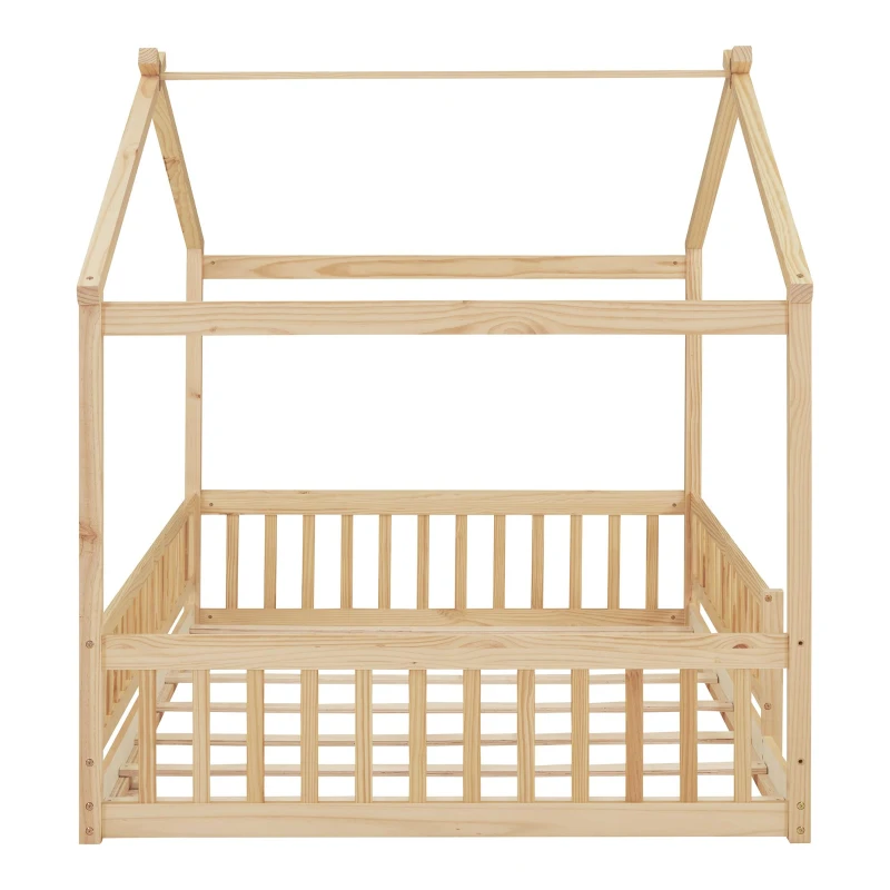 Full Size Wood House Bed with Roof and Fence, Sturdy Pinewood Bed Frame for Kids and Teens, 79.5" L x 57" W x 63" H, Natural