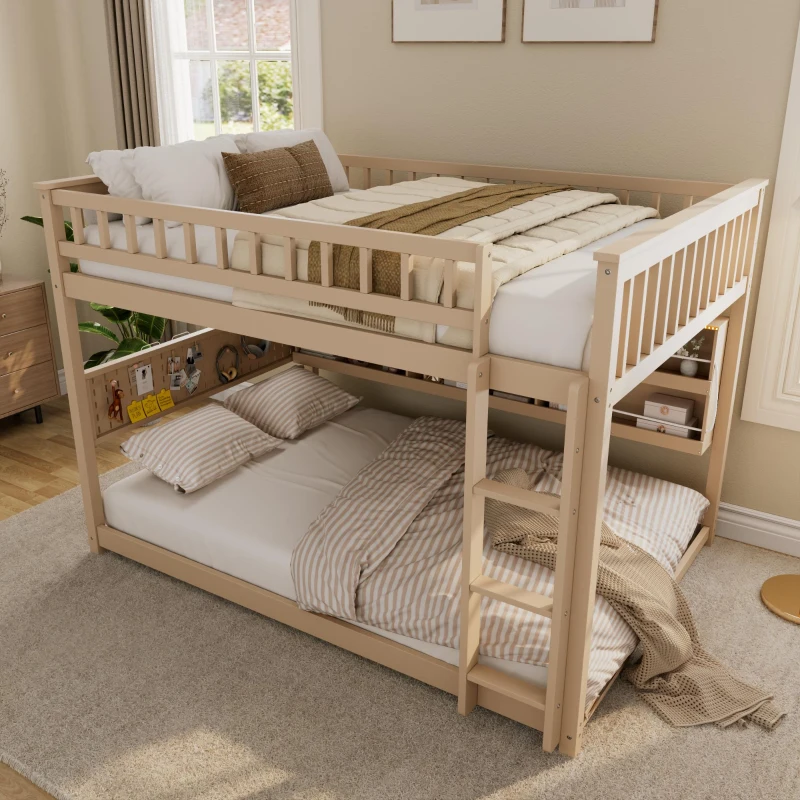 Full Over Full Bunk Bed with Convenient Storage Headboard, Unique Bed Frame with Multi-Color Light Strip, 79" L x 57.5" W x 57" H, Beige