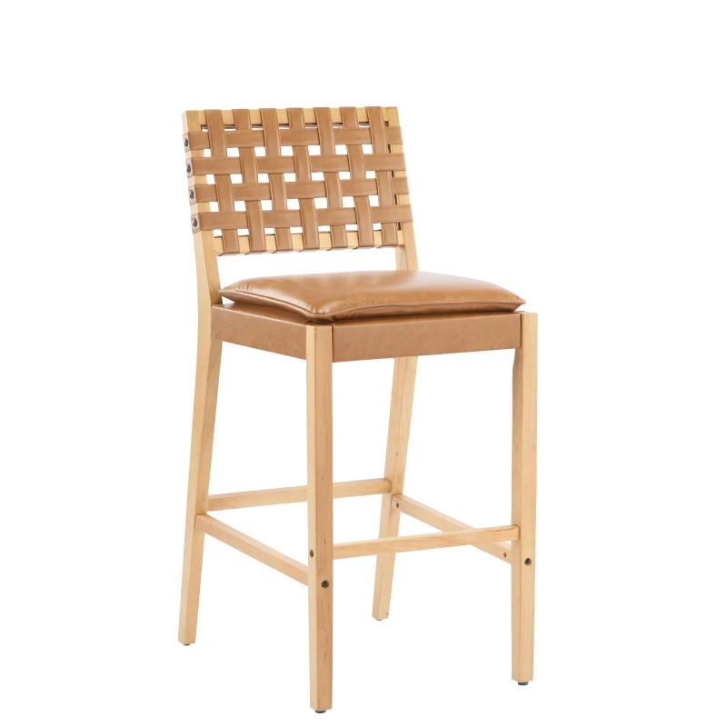 Modern Bar Stools with Hand‑Woven PU Back, Strap-Back Bar Chairs with Padded PU Seat, 18'' L x 21.5'' W x 40.5'' H, Brown+Natural