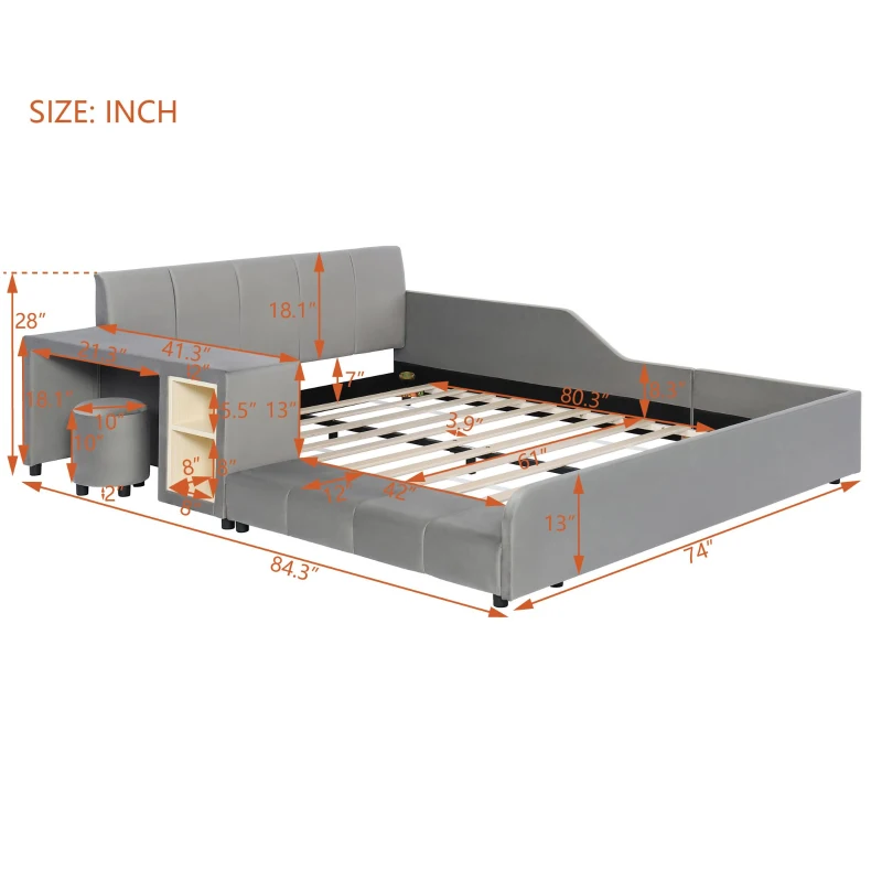 Queen-Size Upholstered Platform Bed with Bedside Desk and Stool, Cozy Bed Frame with Streamlined Structure, 84.5" L x 74" W x 28" H, Gray