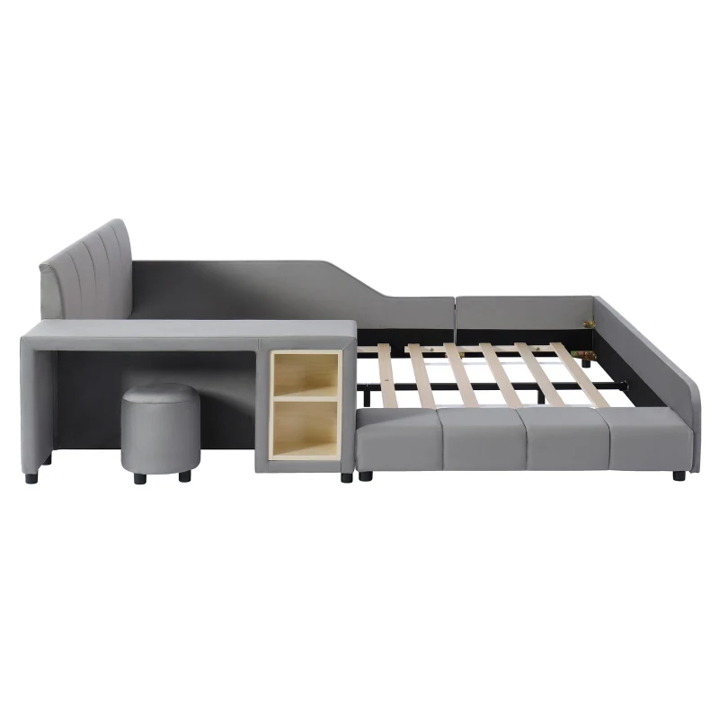 Queen-Size Upholstered Platform Bed with Bedside Desk and Stool, Cozy Bed Frame with Streamlined Structure, 84.5" L x 74" W x 28" H, Gray