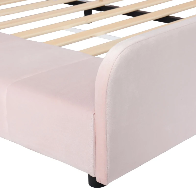 Queen-Size Upholstered Platform Bed with Bedside Desk and Stool, Cozy Bed Frame with Streamlined Structure, 84.5" L x 74" W x 28" H, Pink