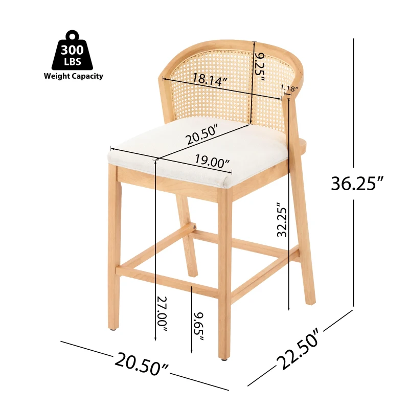 Cozy Counter Stools with Padded Upholstered Seat, Rubberwood Bar Chairs with Reinforced Footrest, 20" L x 22.5" W x 36" H, Beige+Natural