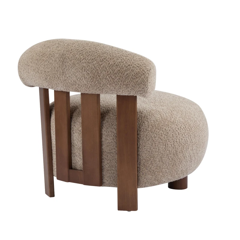 Modern Bouclé Fabric Accent Chair with Curved Backrest, Cozy Lounge Seating with Solid Birch Wood Frame, 29'' L x 31'' W x 29'' H, Light Brown+Walnut
