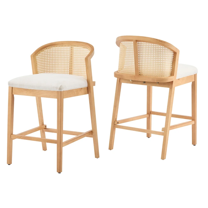 Cozy Counter Stools with Padded Upholstered Seat, Rubberwood Bar Chairs with Reinforced Footrest, 20.5" L x 22.5" W x 6" H, Beige+Natural