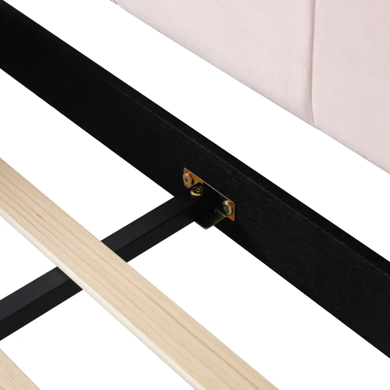 Queen-Size Upholstered Platform Bed with Bedside Desk and Stool, Cozy Bed Frame with Streamlined Structure, 84.5" L x 74" W x 28" H, Pink
