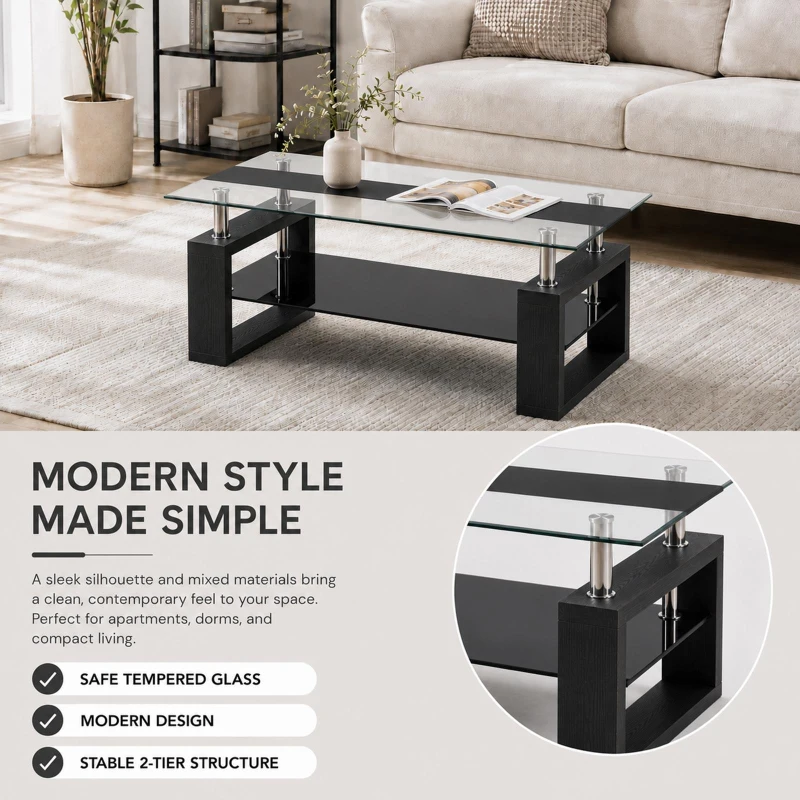 Modern Glass Coffee Table with Wood-Grain MDF Legs, Minimalist Center Table with 2-Tier Storage, 34.5'' L x 18.5'' W x 17.5'' H, Black