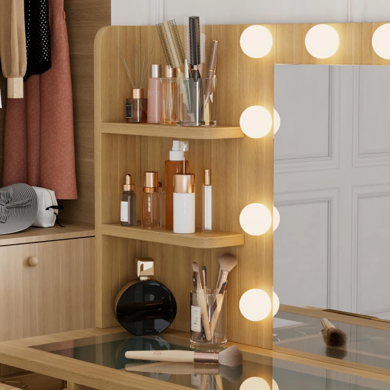 Spacious Makeup Vanity Desk with 3 Shelves and 7 Drawers, Functional Makeup Vanity with LED Mirror, 47" L x 15.5" W x 53.5" H, Natural Wood