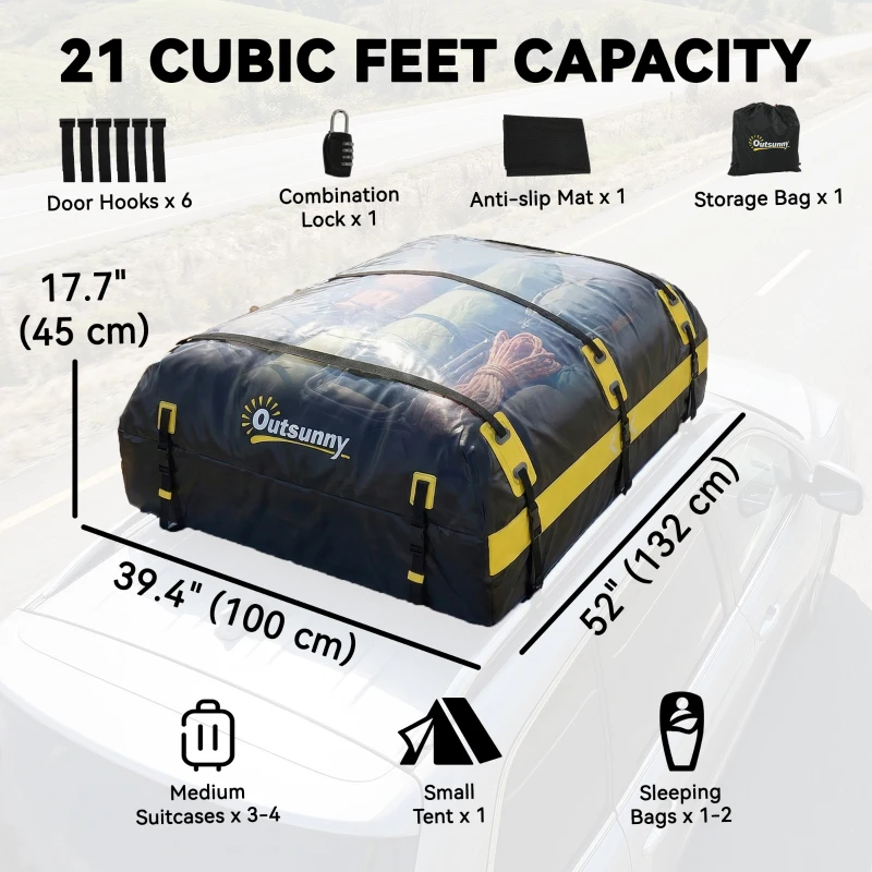 Outsunny Rooftop Cargo Carrier, 21 Cubic Feet Waterproof Soft-Shell Car Roof Storage Bag w/ Door Hooks, Reflective Arrows, Yellow