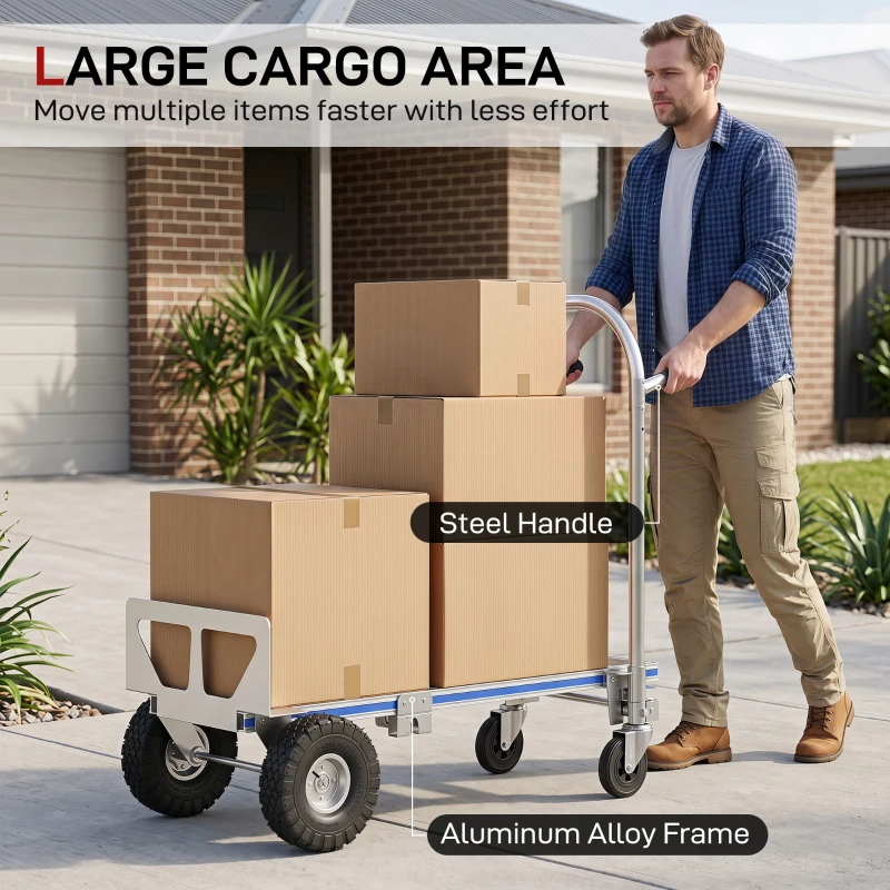 Soozier 4-Wheel/2-Wheel Cargo Cart, 2-in-1 Folding Hand Truck with Aluminum Alloy Frame and Steel Handle, Capacity, Silver Tone