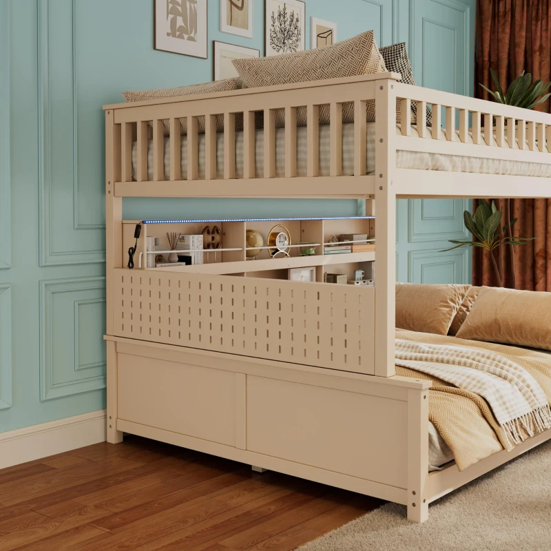 Full XL Over Queen Bunk Bed with Built-In Storage Shelf and Safety Rope, Useful Bed Frame with Pegboard Side Panel, 83.5" L x 62.5" W x 59" H, Beige