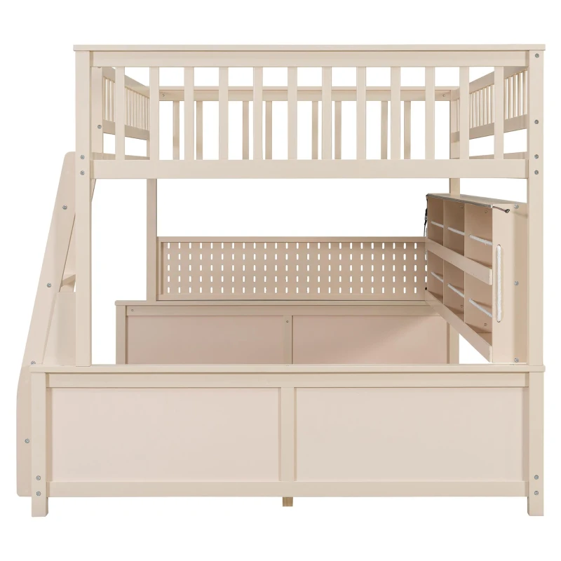 Full XL Over Queen Bunk Bed with Built-In Storage Shelf and Safety Rope, Useful Bed Frame with Pegboard Side Panel, 83.5" L x 62.5" W x 59" H, Beige