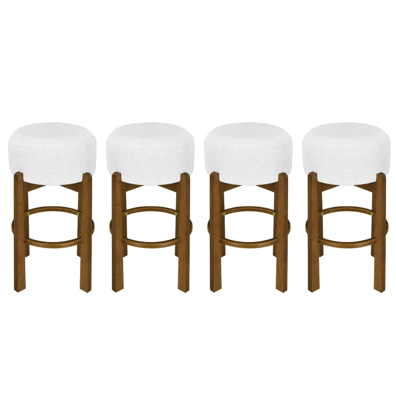 Indoor Round Seat Bar Stools with Solid Rubberwood Frame, Non-Swivel Bar Chairs with Padded Upholstered Seat, 19.5'' L x 19.5'' W x 30'' H, Ivory+Walnut