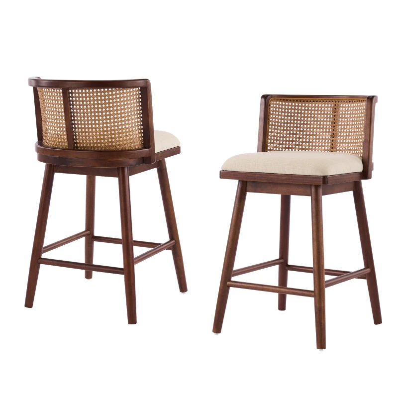 Woven Rattan Counter Chairs with Padded Upholstered Seat, Counter Height Bar Stools with Durable Frame, 19.5'' L x 21'' W x 35'' H, Beige+Walnut