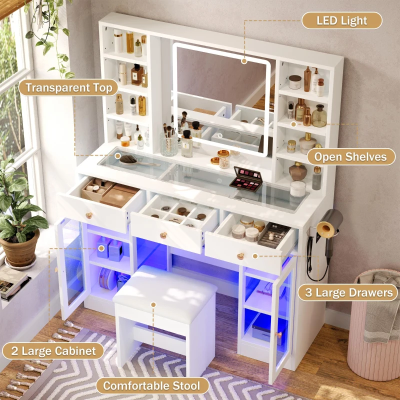 Aesthetic Makeup Vanity Desk with LED Mirror and Adjustable RGB Lights, Spacious Makeup Vanity with 6 Drawers, 44.5" L x 15.5" W x 55" H, White