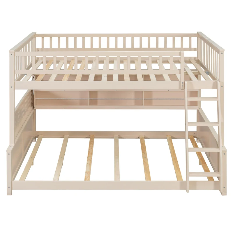 Full XL Over Queen Bunk Bed with Built-In Storage Shelf and Safety Rope, Useful Bed Frame with Pegboard Side Panel, 83.5" L x 62.5" W x 59" H, Beige