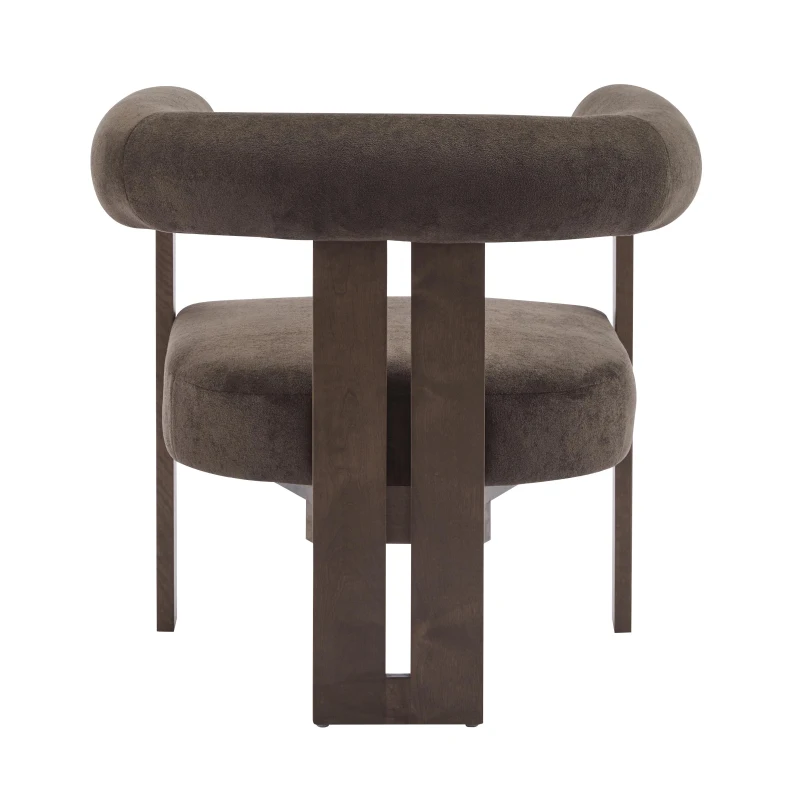 Round Arm Accent Chair with Velvet Upholstery, Curved Backrest Armchair with Solid Birch Wood Base, 31'' L x 29'' W x 30'' H, Dark Brown+Walnut