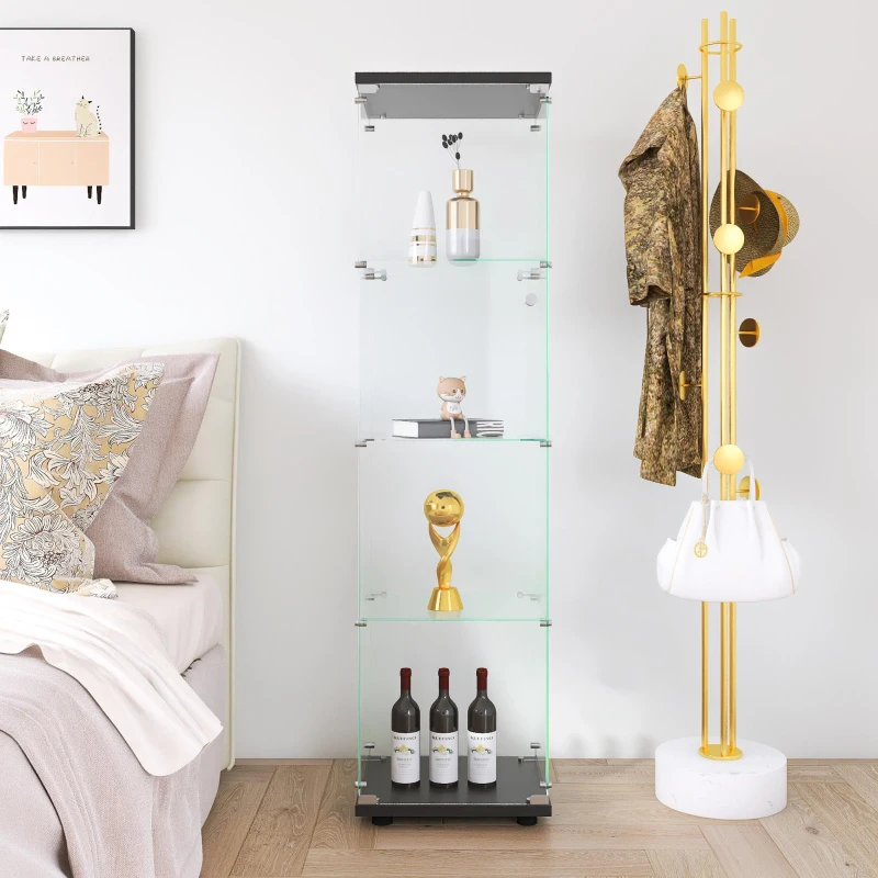Glass Display Cabinet with Adjustable Feet and Safety Bumpers, Floor-Standing Curio Bookshelf with Tempered Glass, 16.5'' L x 14.5'' W x 64.5'' H, Black