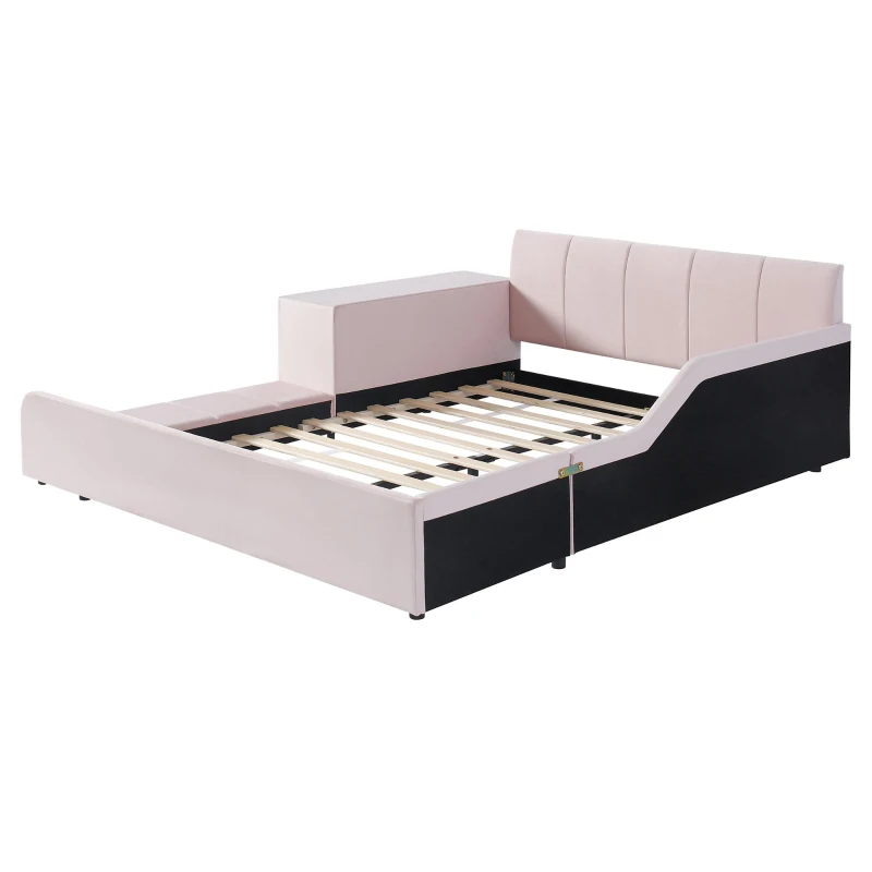 Full Size Upholstered Platform Bed with Bedside Desk and Stool, Cozy Bed Frame with Streamlined Structure, 79.5" L x 68" W x 28" H, Pink