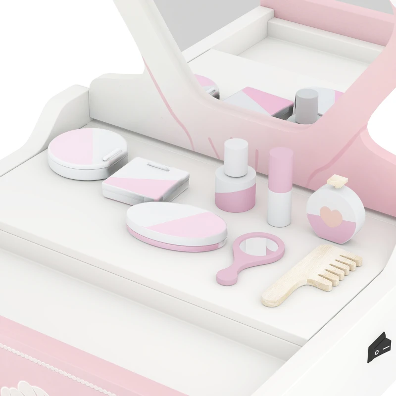 Qaba Kids Vanity Set, Makeup Table Toy with Lights, Mirror, Drawer, Accessories and Carry Handle for Girls 3-6 Years, Pink