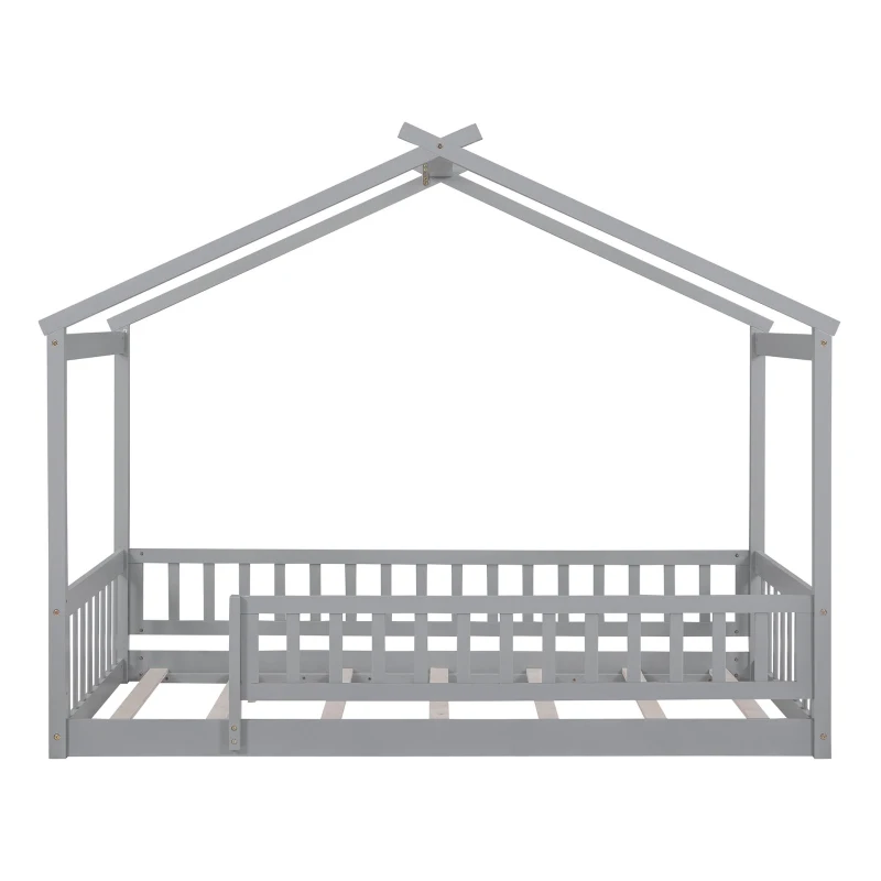 Comfortable Twin House Bed Frame with Roof and Fence, Sturdy Pinewood Platform Bed with Semi-Enclosed Space, 79.5" L x 42" W x 63" H, Gray