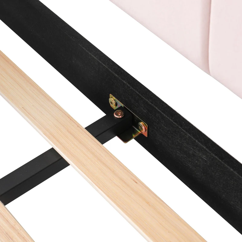 Full Size Upholstered Platform Bed with Bedside Desk and Stool, Cozy Bed Frame with Streamlined Structure, 79.5" L x 68" W x 28" H, Pink