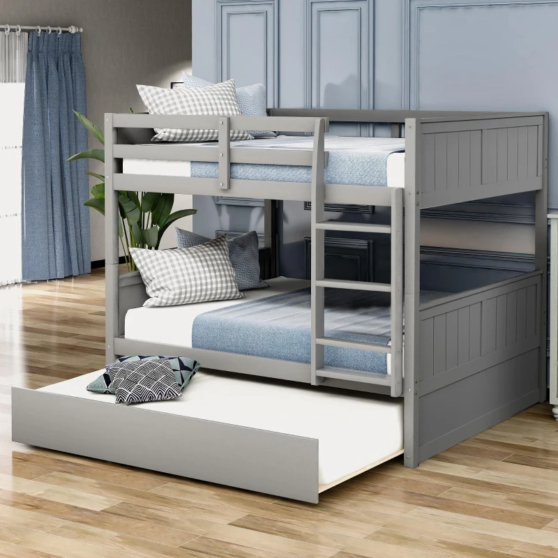 Full-Over-Full Bunk Bed with Space-Saving Pullout Trundle, Space-Saving Bed Frame with 2 Separate Beds, 79.5" L x 57" W x 60" H, Gray
