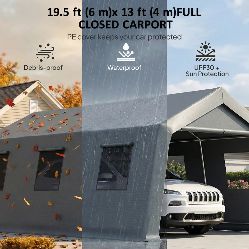 Outsunny 20 x 13 ft Carport, Portable Garage with Roll-Up Door and Windows, PE Canopy, Steel Frame, Dark Grey