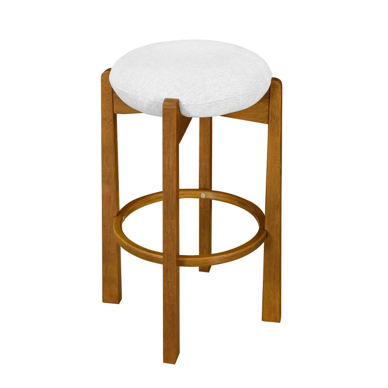 Set of 2 Bar Stools with Solid Rubber Wood Frame, Non-Swivel Bar Shairs with Upholstered Round Seat, 19.5'' L x 19.5'' W x 30'' H, Ivory+Walnut