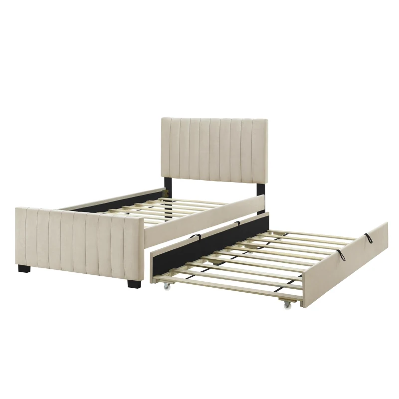 Space-Saving Twin Size Upholstered Platform Bed with Trundle Under Bed, Bed Frame with Velvet Fabric, 80" L x 41.5" W x 42.5" H, Beige