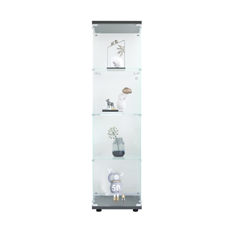 Glass Display Cabinet with Adjustable Feet and Safety Bumpers, Floor-Standing Curio Bookshelf with Tempered Glass, 16.5'' L x 14.5'' W x 64.5'' H, Black