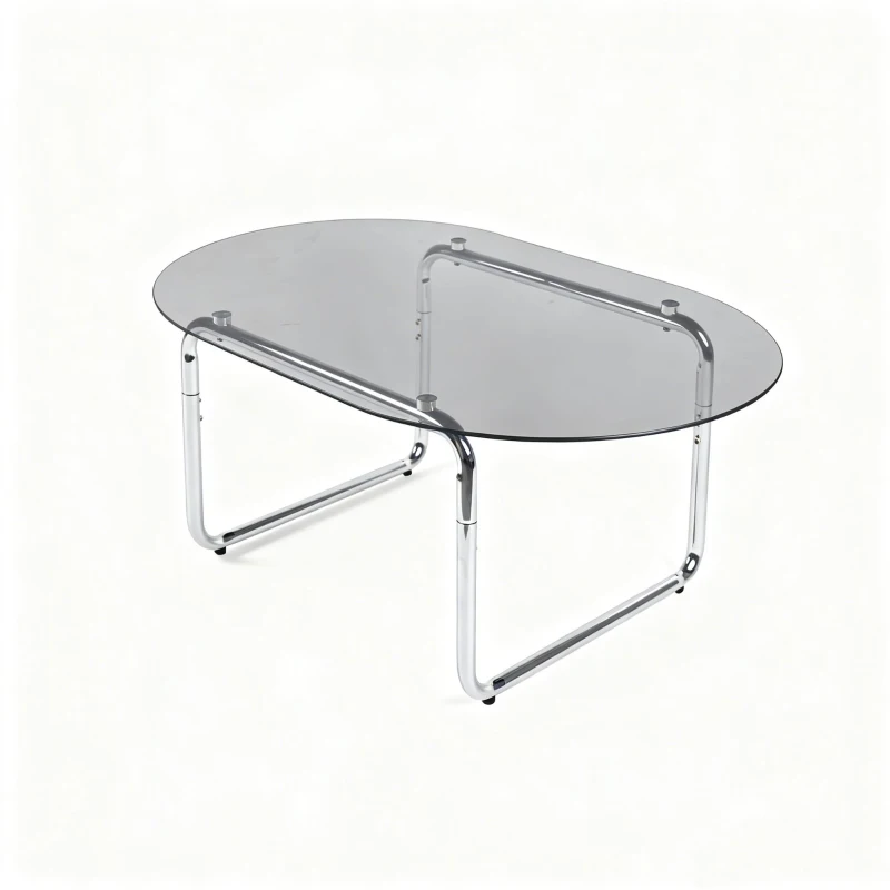 Curved Tempered Glass Coffee Table with Fingerprint-Resistant Top, Minimalist Center Table with U-Shaped Metal Legs, 35.5'' L x 23.5'' W x 15'' H, Grey