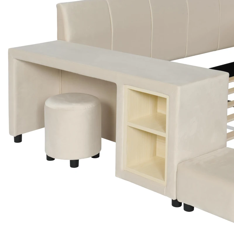 Queen-Size Upholstered Platform Bed with Bedside Desk and Stool, Cozy Bed Frame with Streamlined Structure, 84.5" L x 74" W x 28" H, Beige