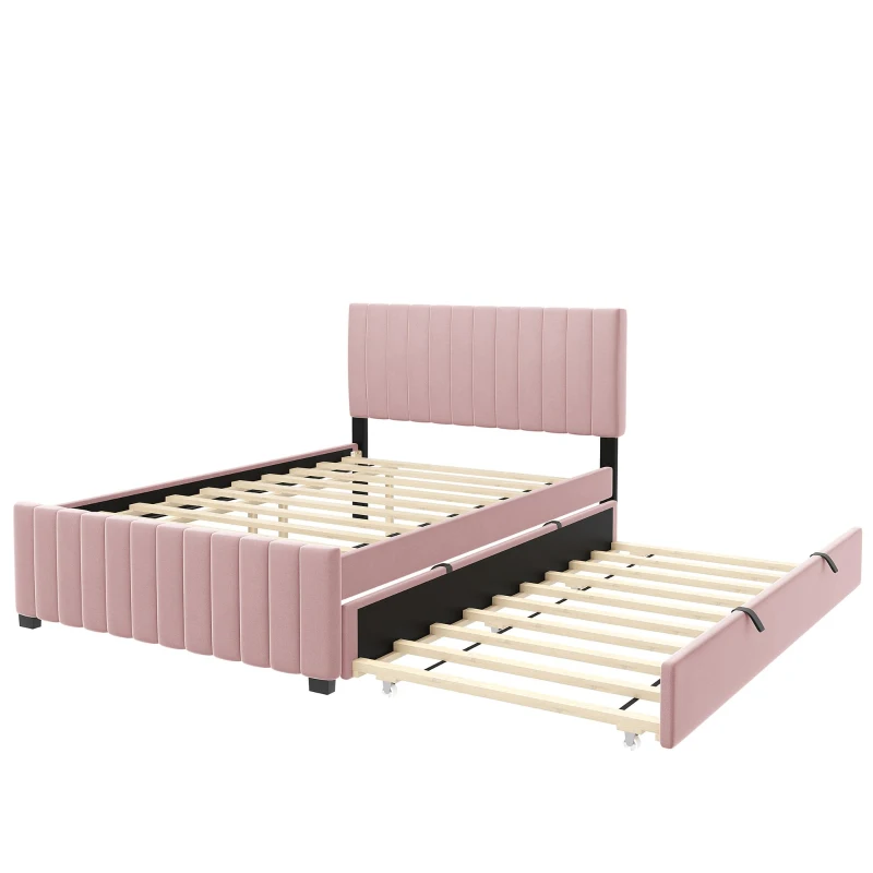 Space-Saving Full Size Upholstered Platform Bed with Twin-Size Trundle, Solid Bed Frame with 10 Reinforced Slats, 80" L x 58" W x 46" H, Pink