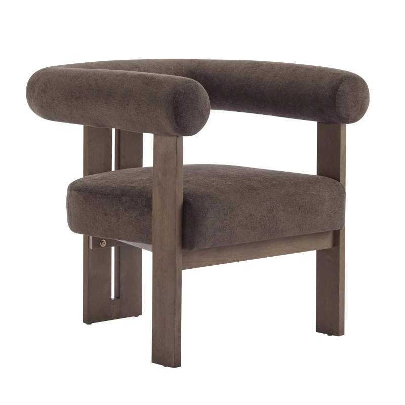 Round Arm Accent Chair with Velvet Upholstery, Curved Backrest Armchair with Solid Birch Wood Base, 31'' L x 29'' W x 30'' H, Dark Brown+Walnut